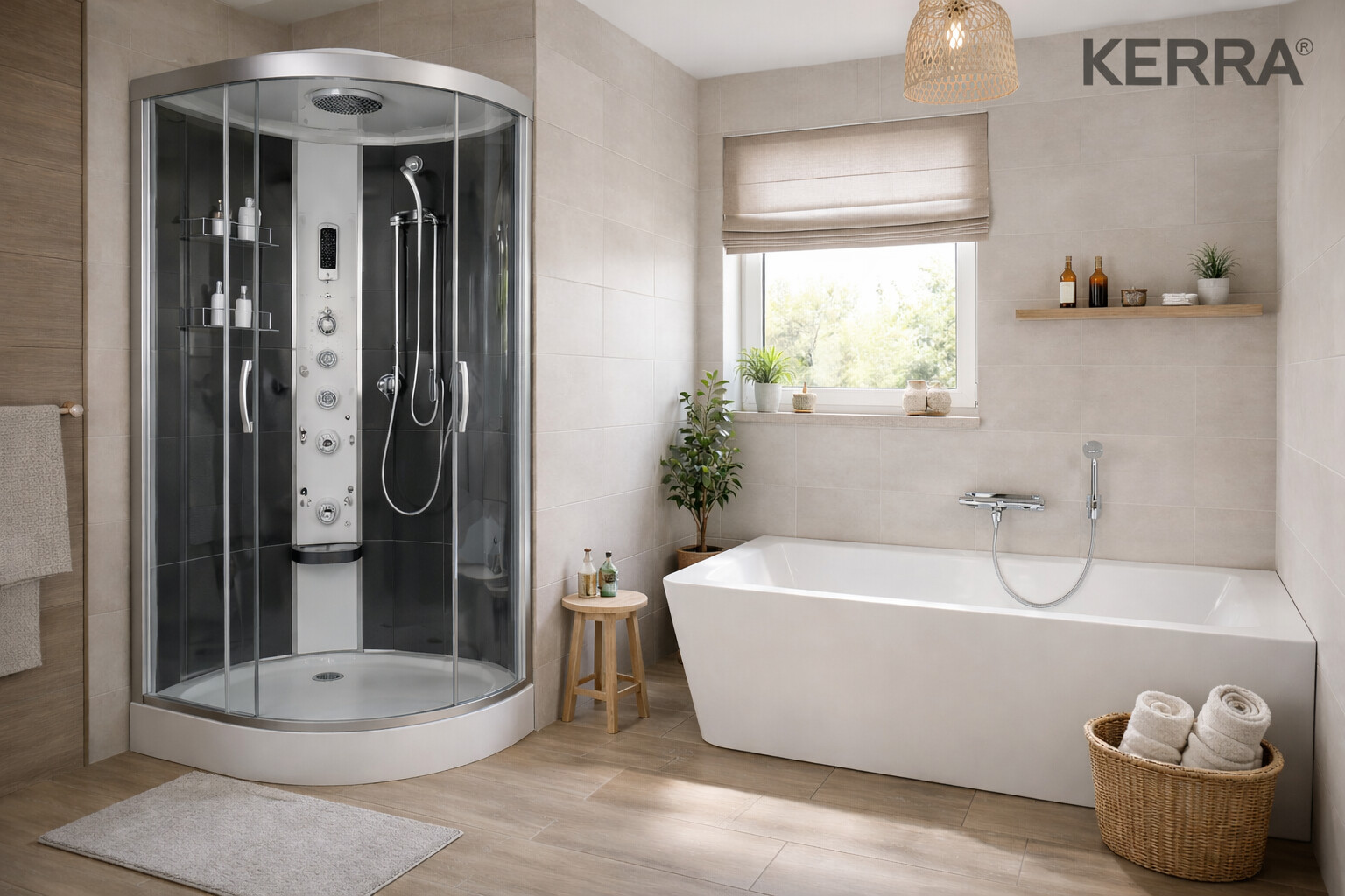 Koupelna se sprchovým boxem a vanou – značka Kerra