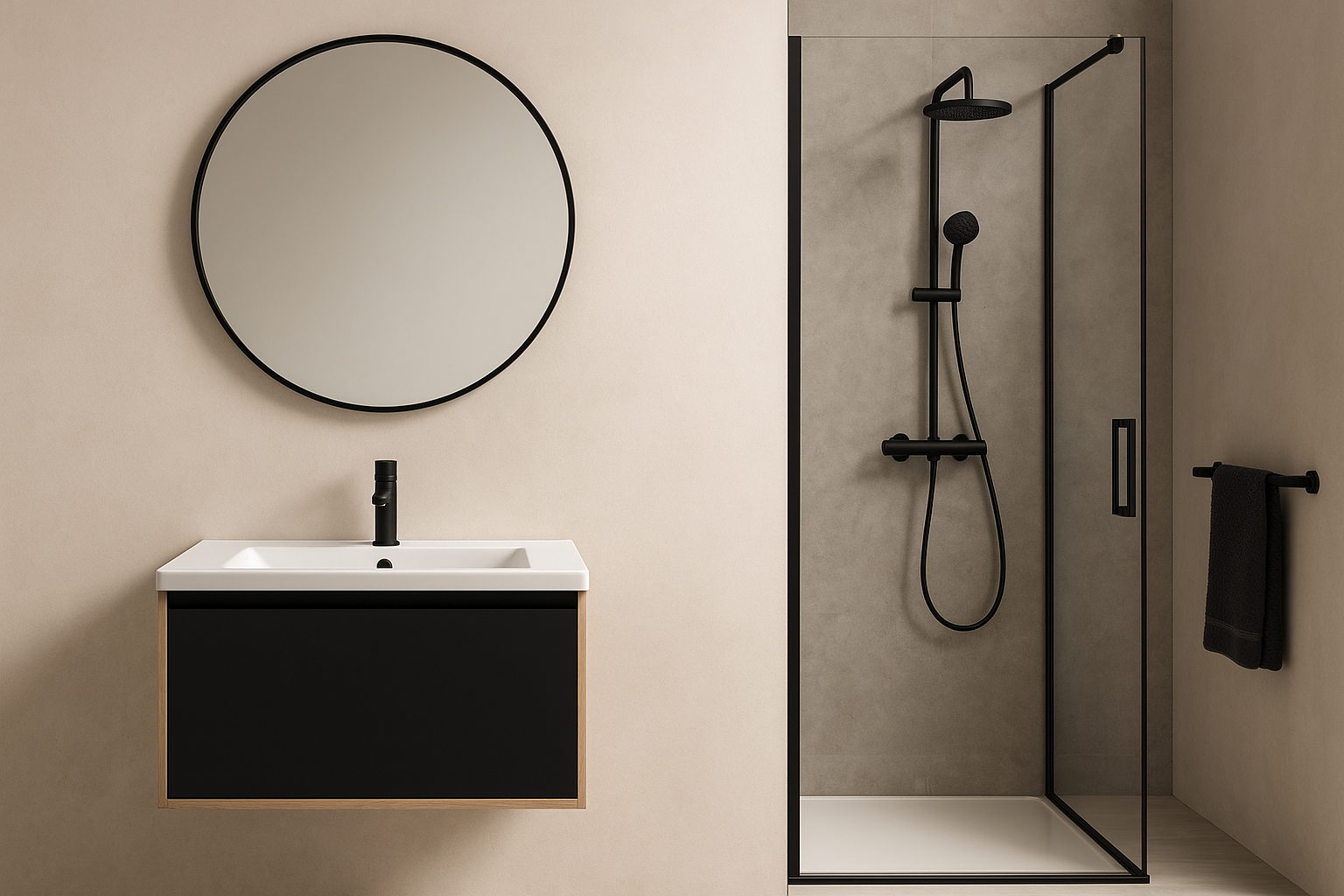 Moderní koupelna v provedení Black Edition – černý rám sprchového koutu a černá vodovodní baterie