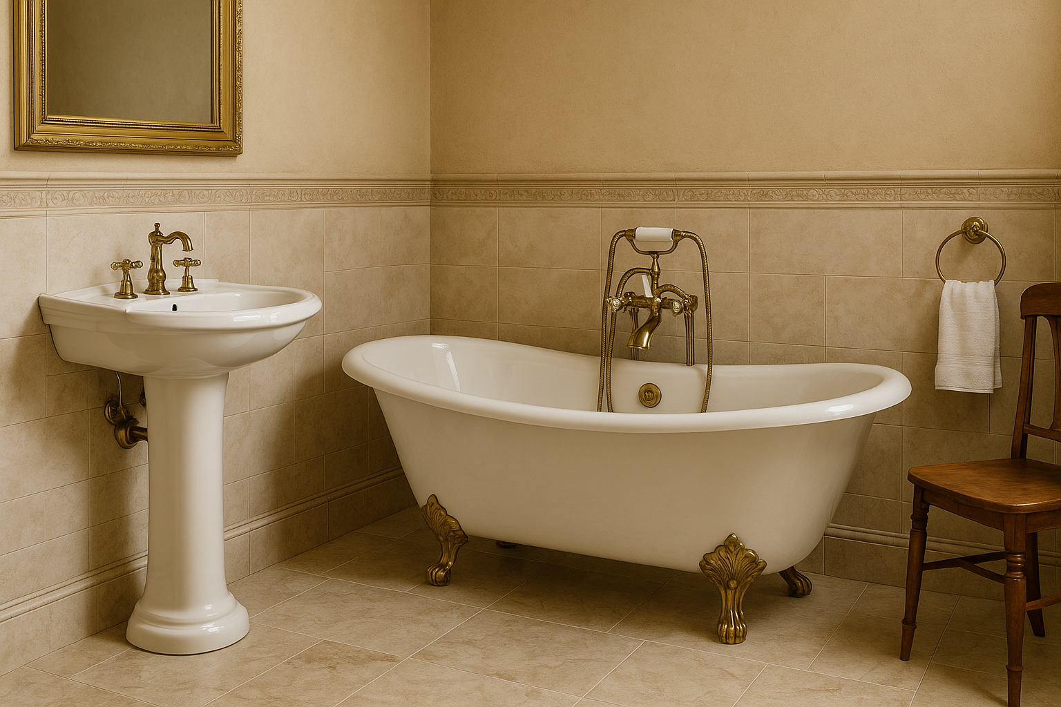 Luxusní retro koupelna – vana na nožkách, mosazné vodovodní baterie a mramorový obklad